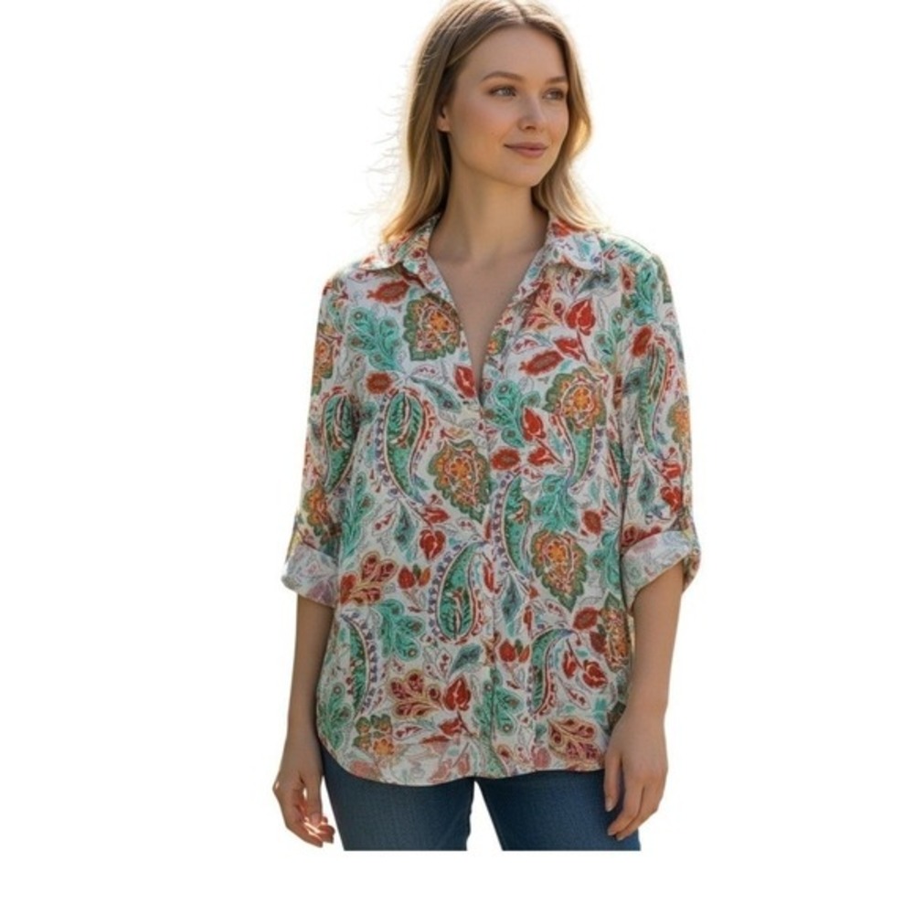 Paisley Print Button Up Shirt Small White Multi Color Boho Retro Chic Zara‎